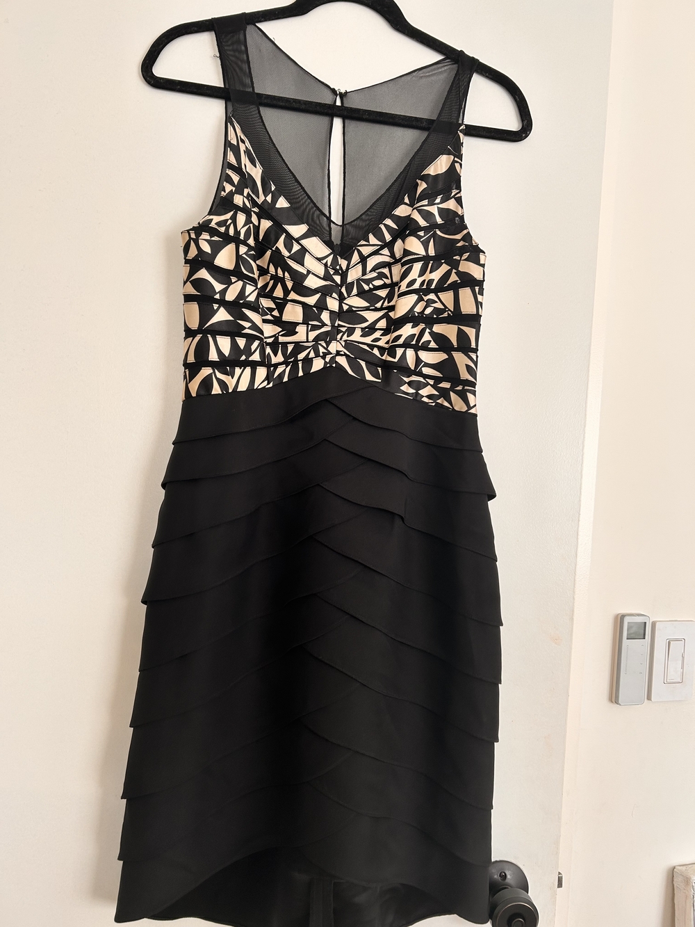 Sleeveless Black Midi Dress with Nude Patterned Bodice